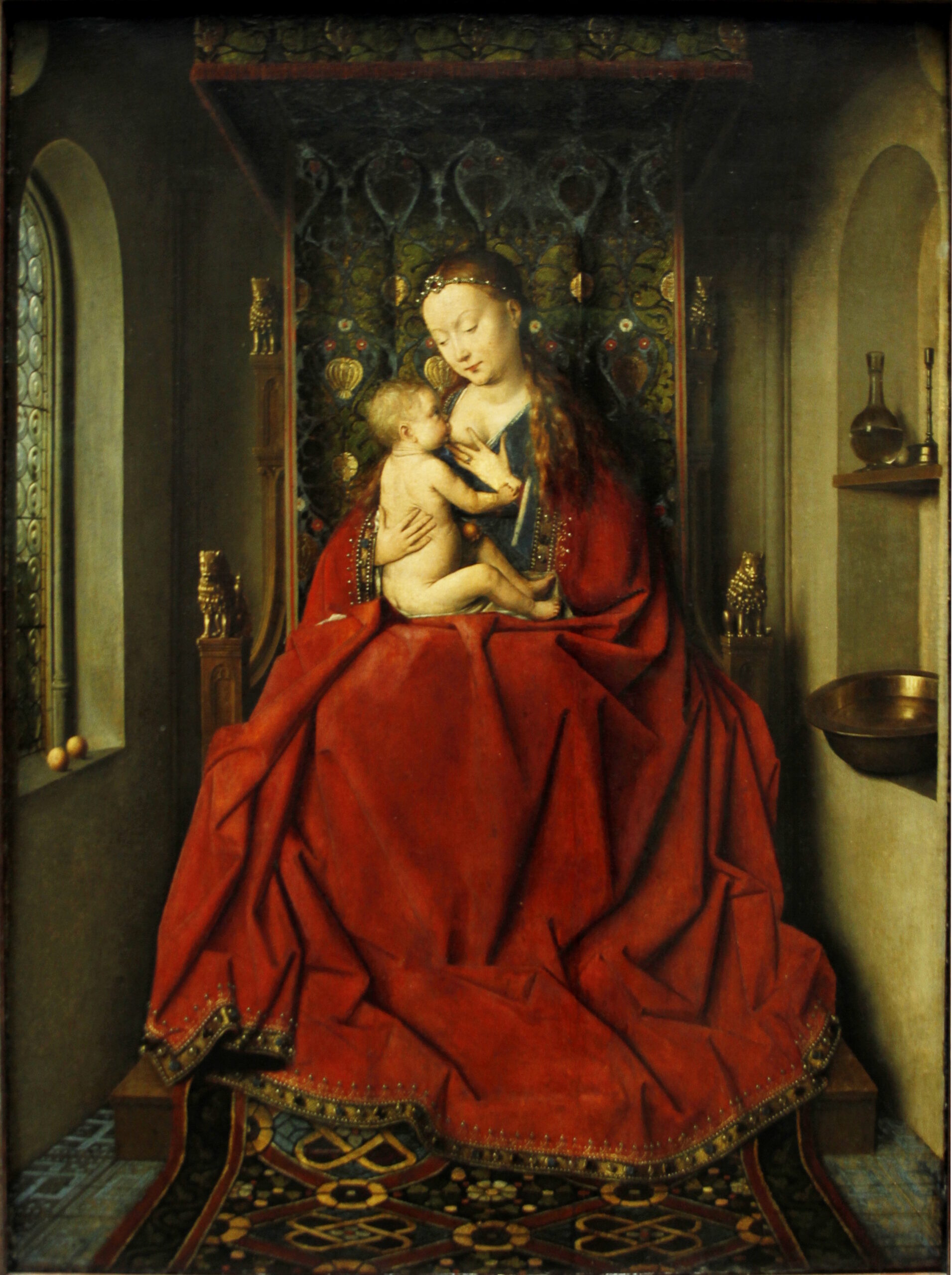 Jan van Eyck Lucca Madonna 1437 — kırmızı kadife Rönesans Flaman resim sanatı